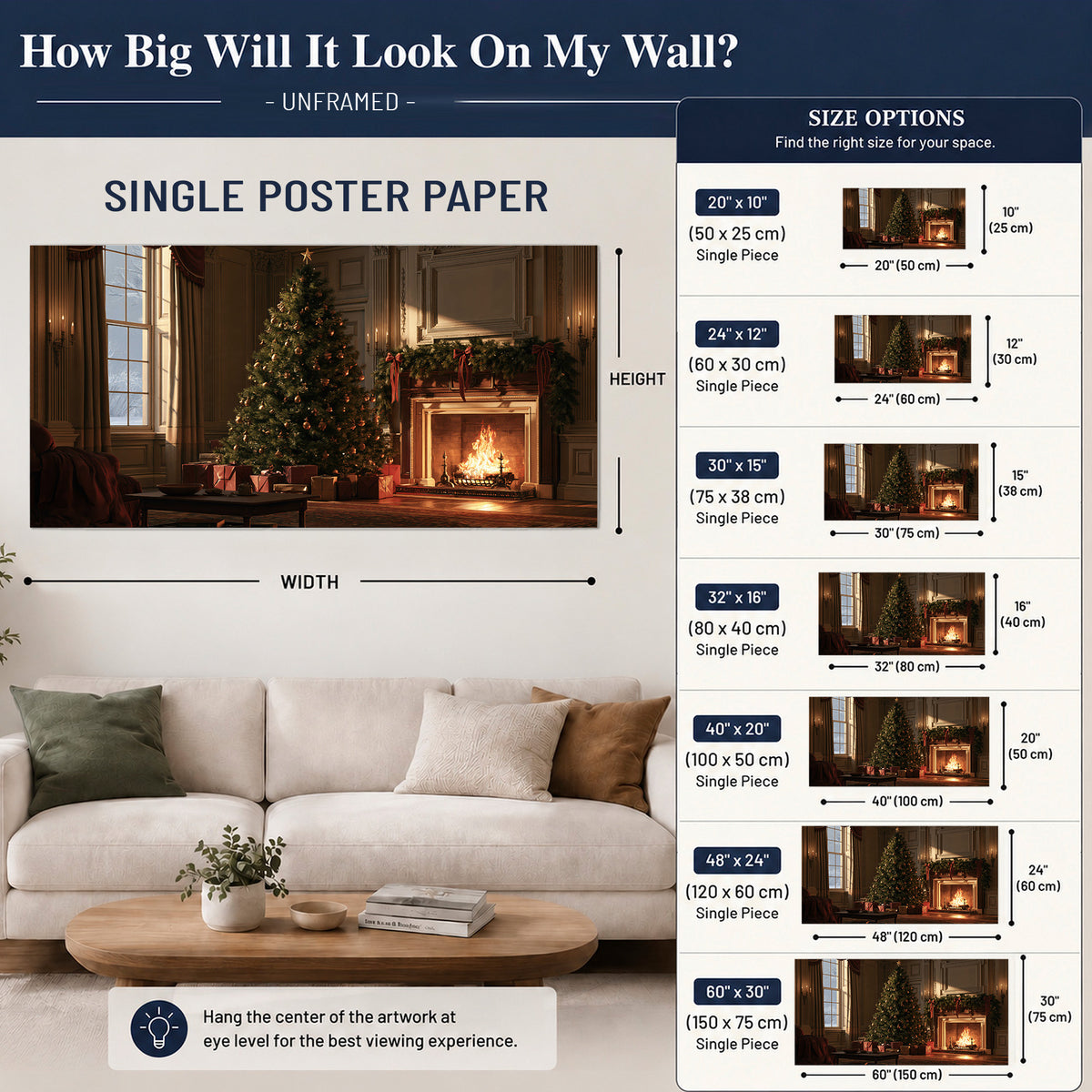 A decorated Christmas tree and wrapped presents beside a glowing fireplace in a cozy wood-paneled room single poster print size guide above a sofa; room view is illustrative