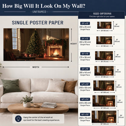 A decorated Christmas tree and wrapped presents beside a glowing fireplace in a cozy wood-paneled room single poster print size guide above a sofa; room view is illustrative