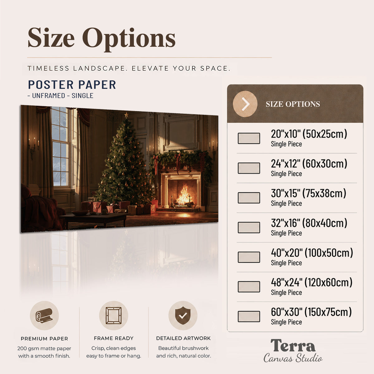 A decorated Christmas tree and wrapped presents beside a glowing fireplace in a cozy wood-paneled room single poster print available dimensions