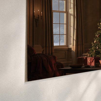 A decorated Christmas tree and wrapped presents beside a glowing fireplace in a cozy wood-paneled room set of 3 poster prints material and edge close up