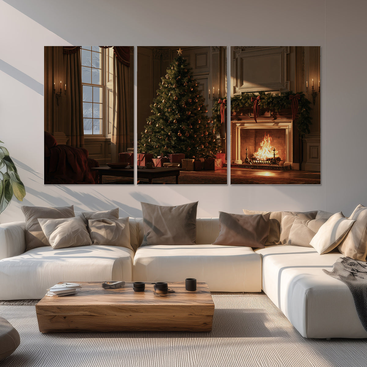 A decorated Christmas tree and wrapped presents beside a glowing fireplace in a cozy wood-paneled room set of 3 poster prints displayed in a living room