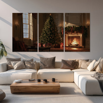 A decorated Christmas tree and wrapped presents beside a glowing fireplace in a cozy wood-paneled room set of 3 poster prints displayed in a living room