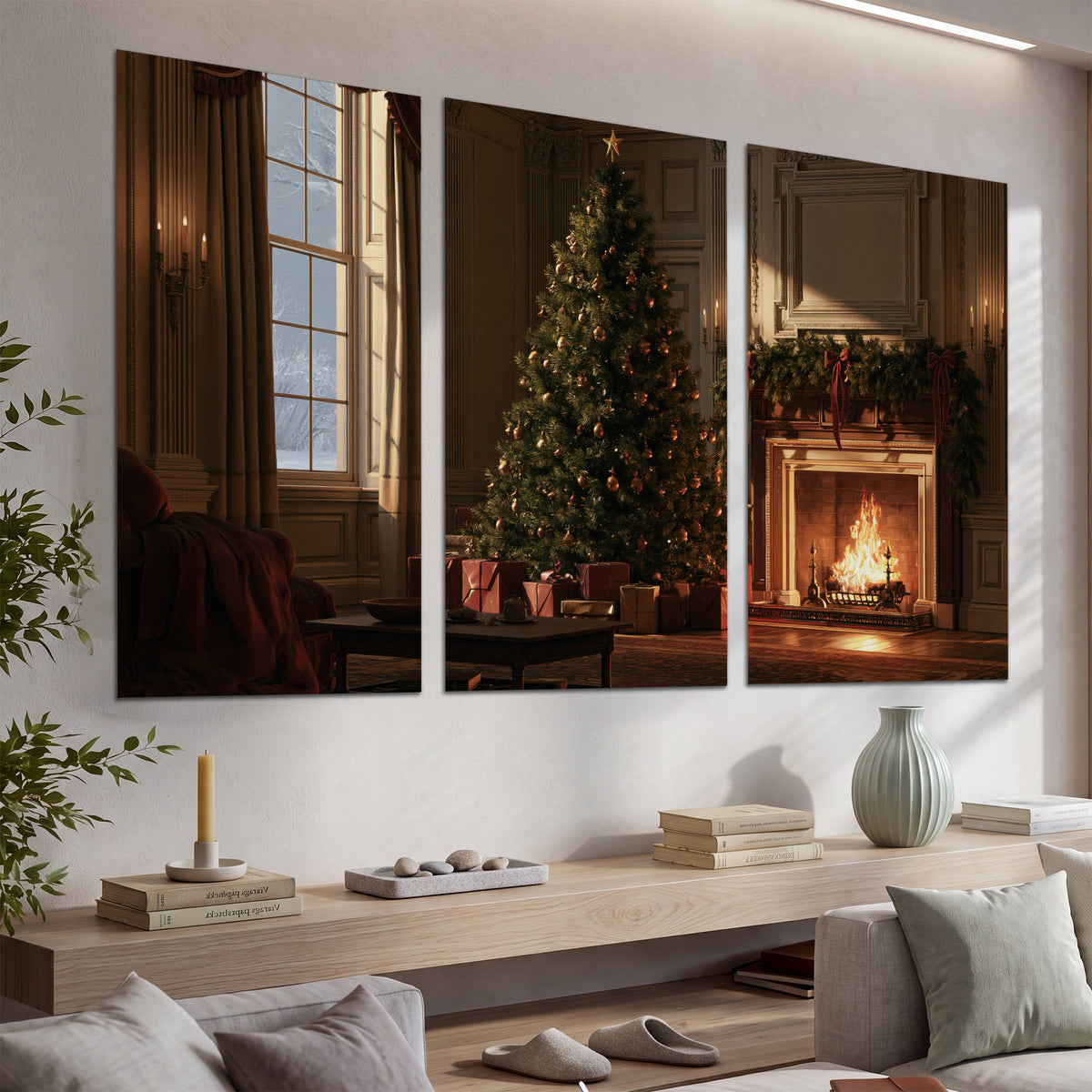 A decorated Christmas tree and wrapped presents beside a glowing fireplace in a cozy wood-paneled room set of 3 poster prints displayed in a console