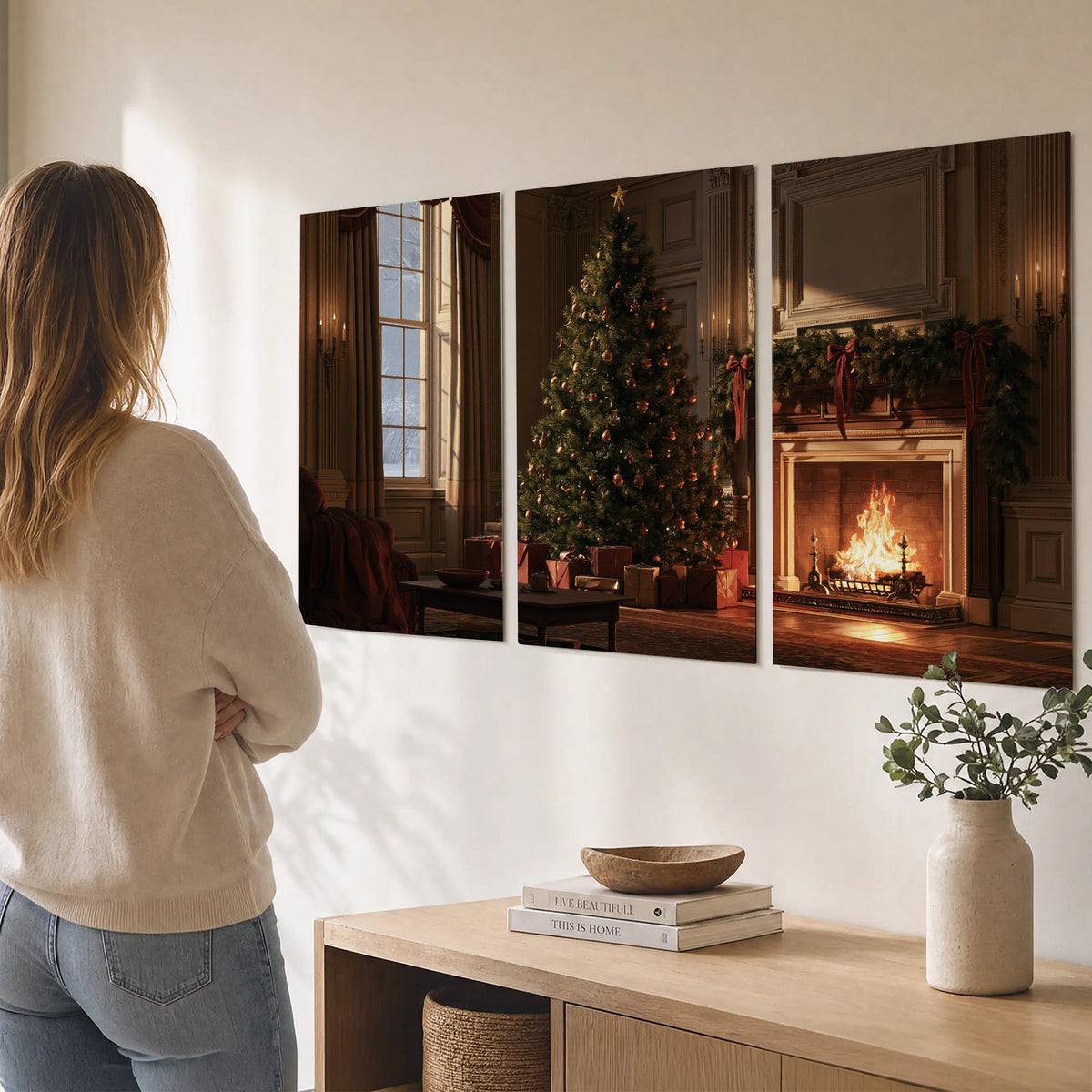 A decorated Christmas tree and wrapped presents beside a glowing fireplace in a cozy wood-paneled room set of 3 poster prints three panel arrangement on a wall