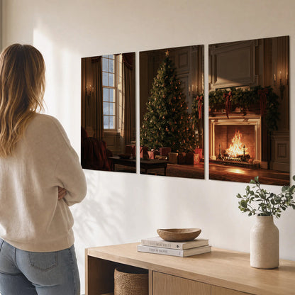 A decorated Christmas tree and wrapped presents beside a glowing fireplace in a cozy wood-paneled room set of 3 poster prints three panel arrangement on a wall
