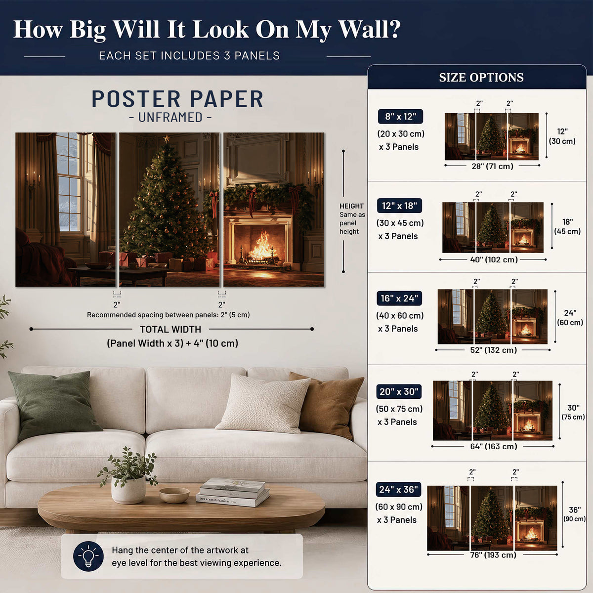 A decorated Christmas tree and wrapped presents beside a glowing fireplace in a cozy wood-paneled room set of 3 poster prints size guide above a sofa; room view is illustrative