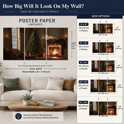 A decorated Christmas tree and wrapped presents beside a glowing fireplace in a cozy wood-paneled room set of 3 poster prints size guide above a sofa; room view is illustrative