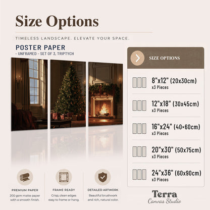 A decorated Christmas tree and wrapped presents beside a glowing fireplace in a cozy wood-paneled room set of 3 poster prints available dimensions; triptych dimensions are per panel