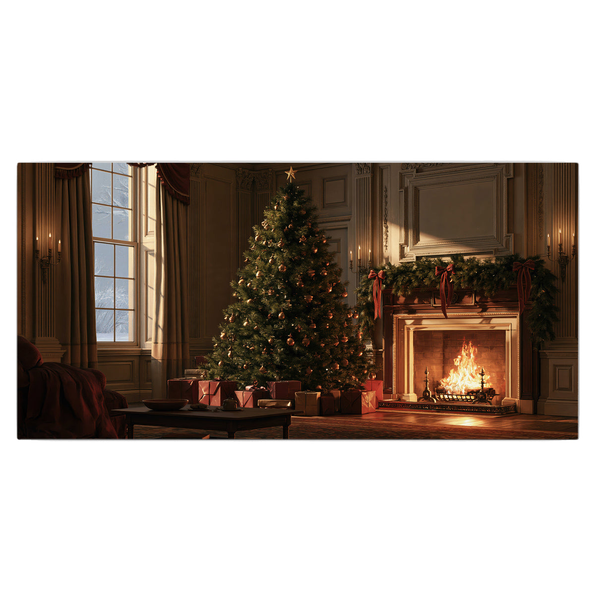 A decorated Christmas tree and wrapped presents beside a glowing fireplace in a cozy wood-paneled room single canvas wall art viewed straight on