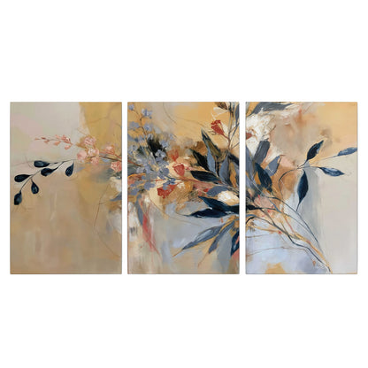 Loose dark blue leaves and pale blossoms on a warm beige painterly background 3 piece canvas wall art viewed straight on