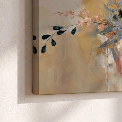 Loose dark blue leaves and pale blossoms on a warm beige painterly background 3 piece canvas wall art material and edge close up
