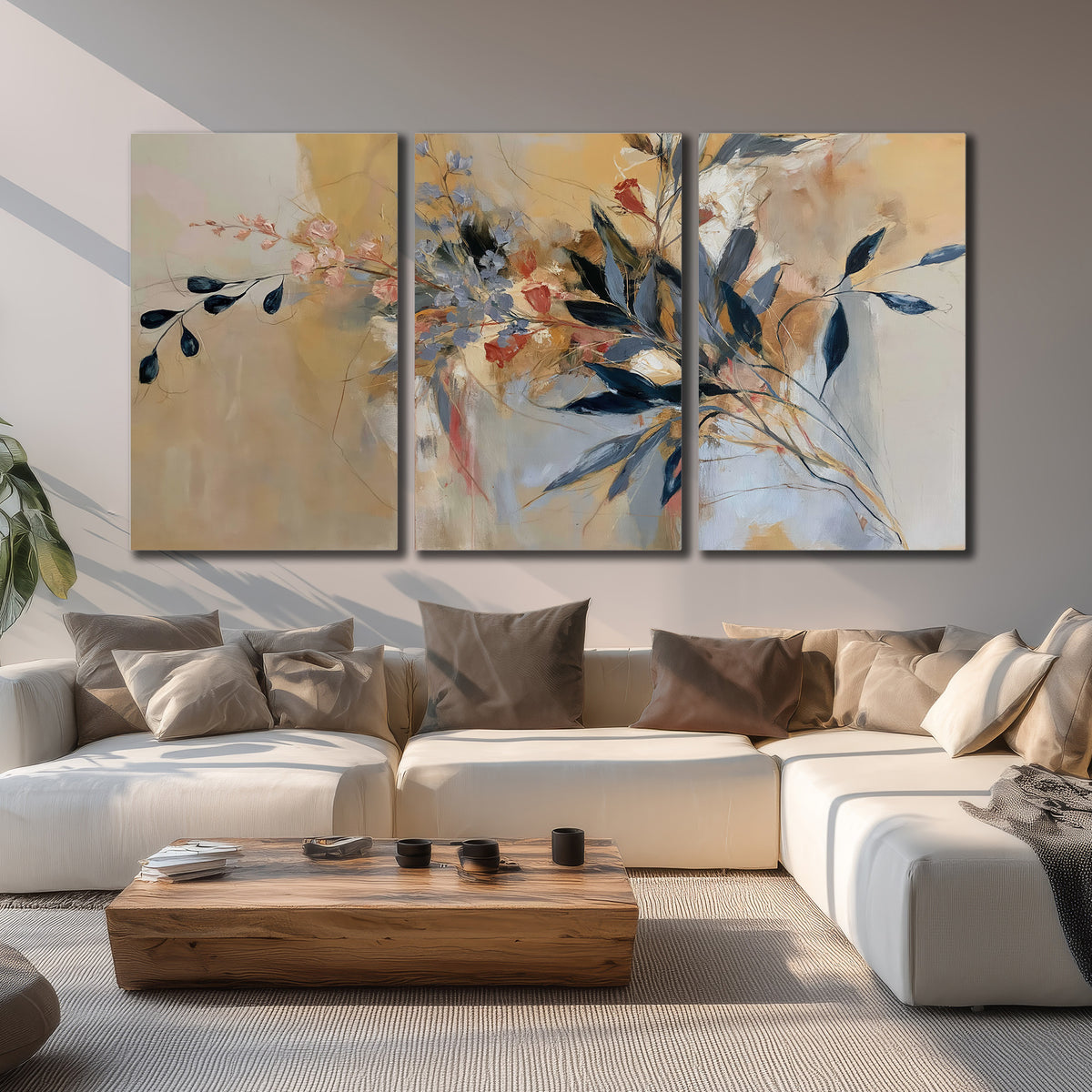 Loose dark blue leaves and pale blossoms on a warm beige painterly background 3 piece canvas wall art displayed in a living room