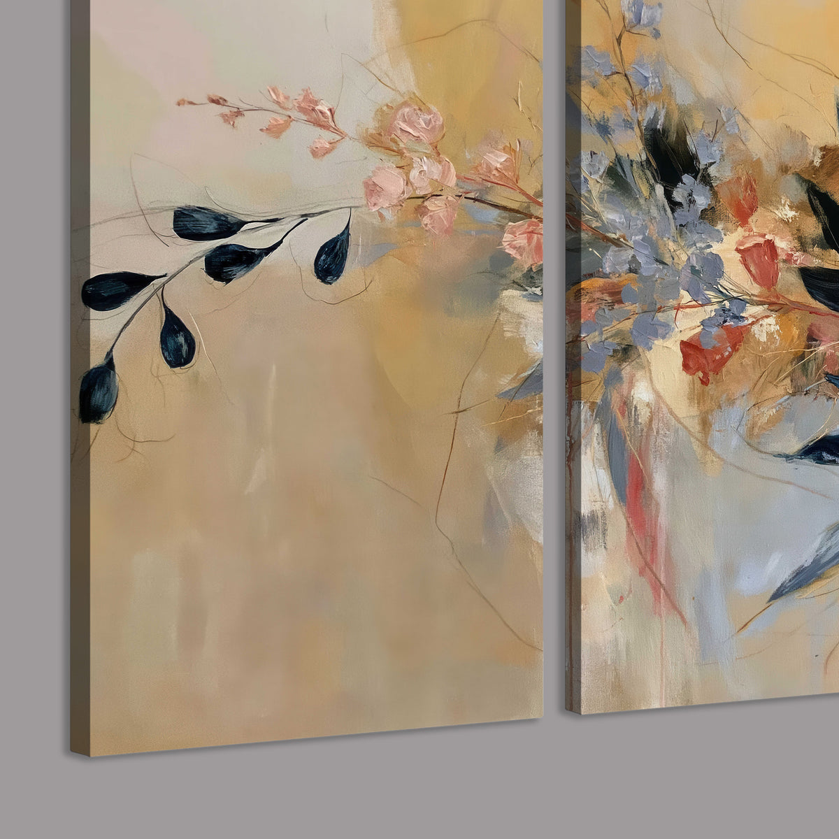Loose dark blue leaves and pale blossoms on a warm beige painterly background 3 piece canvas wall art room and product view
