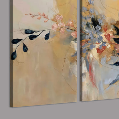 Loose dark blue leaves and pale blossoms on a warm beige painterly background 3 piece canvas wall art room and product view