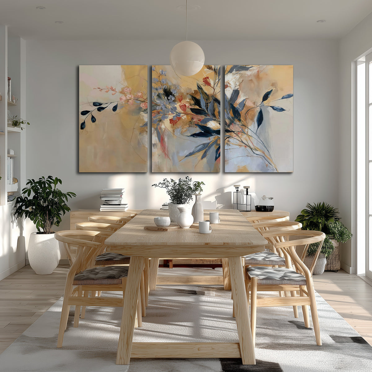 Loose dark blue leaves and pale blossoms on a warm beige painterly background 3 piece canvas wall art room and product view