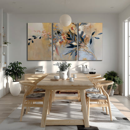 Loose dark blue leaves and pale blossoms on a warm beige painterly background 3 piece canvas wall art room and product view