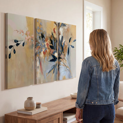 Loose dark blue leaves and pale blossoms on a warm beige painterly background 3 piece canvas wall art three panel arrangement on a wall