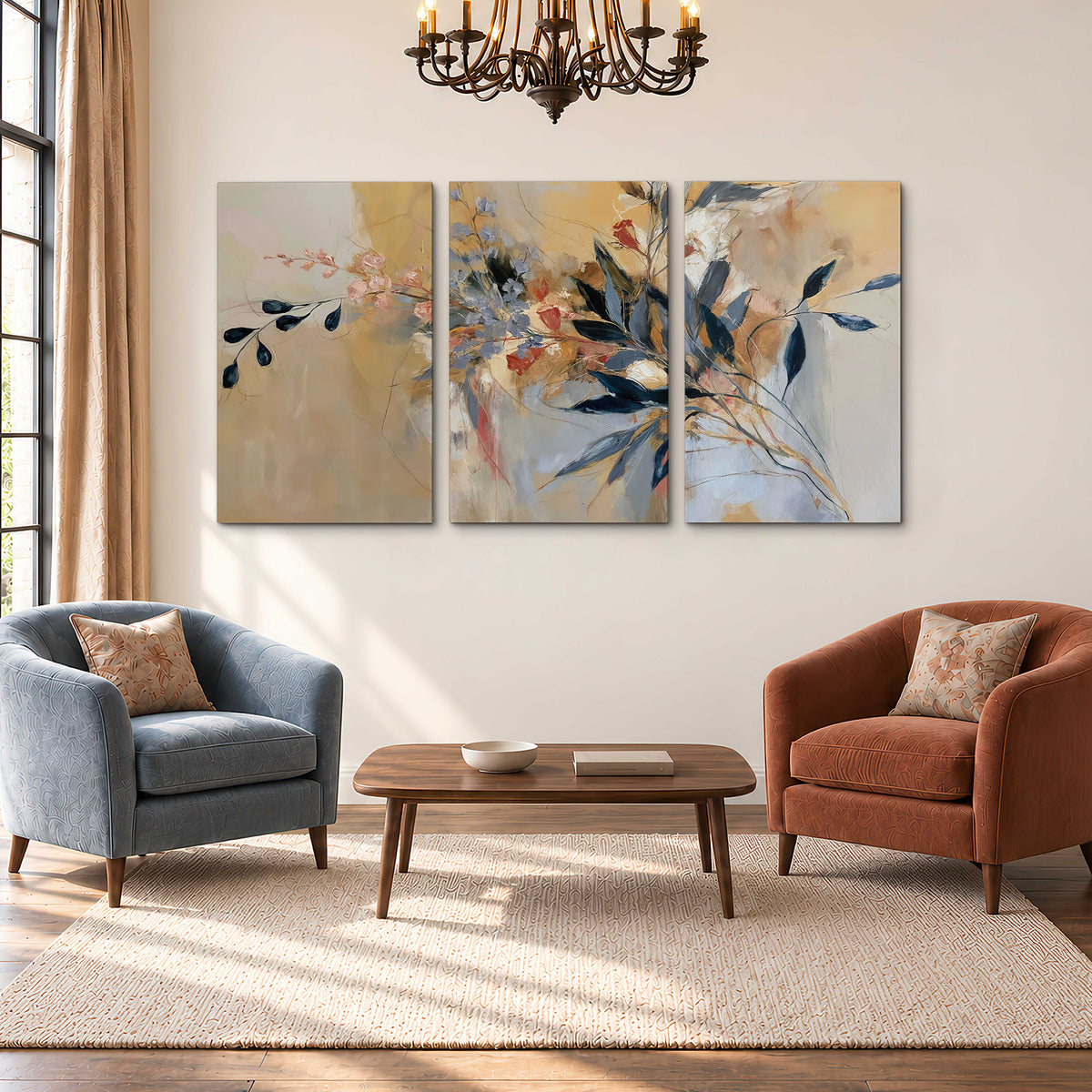 Loose dark blue leaves and pale blossoms on a warm beige painterly background 3 piece canvas wall art styled in an interior