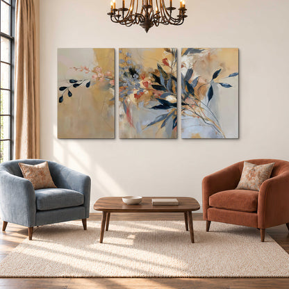 Loose dark blue leaves and pale blossoms on a warm beige painterly background 3 piece canvas wall art styled in an interior