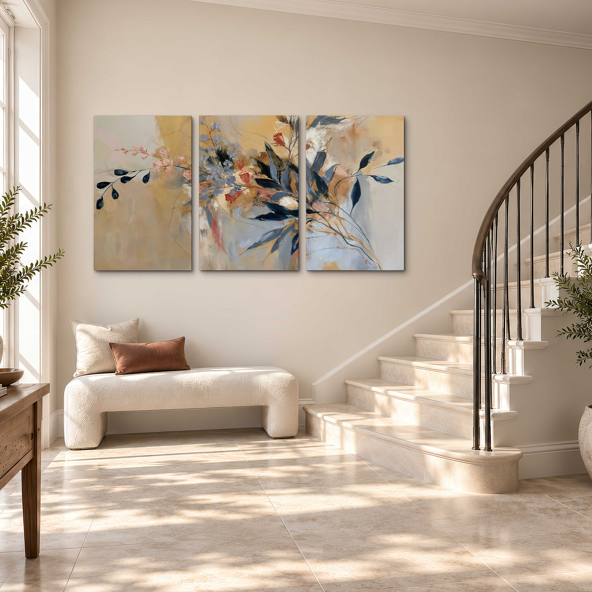 Loose dark blue leaves and pale blossoms on a warm beige painterly background 3 piece canvas wall art styled in an interior