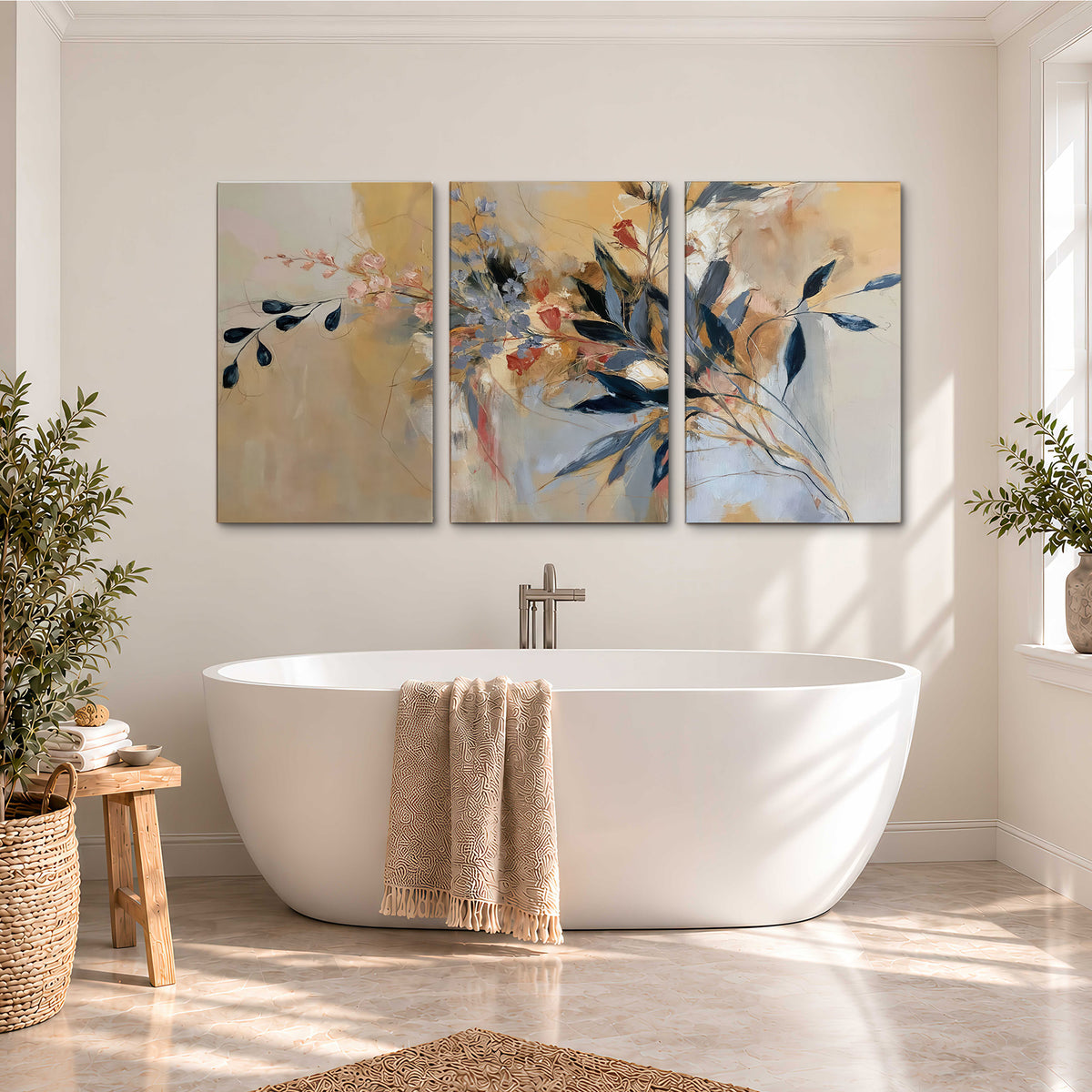 Loose dark blue leaves and pale blossoms on a warm beige painterly background 3 piece canvas wall art styled in an interior
