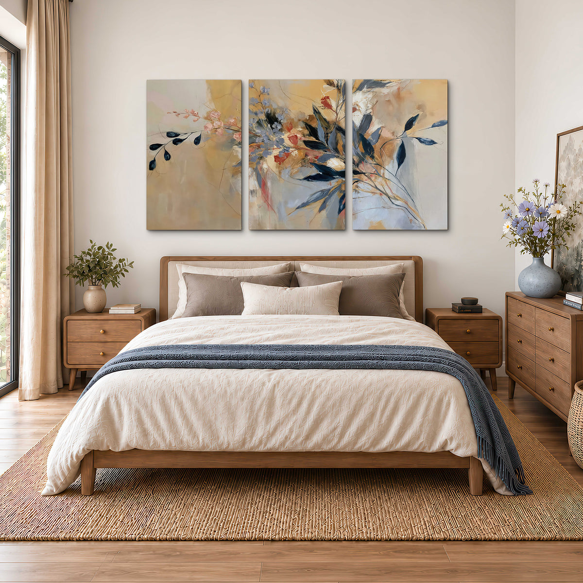 Loose dark blue leaves and pale blossoms on a warm beige painterly background 3 piece canvas wall art styled in an interior