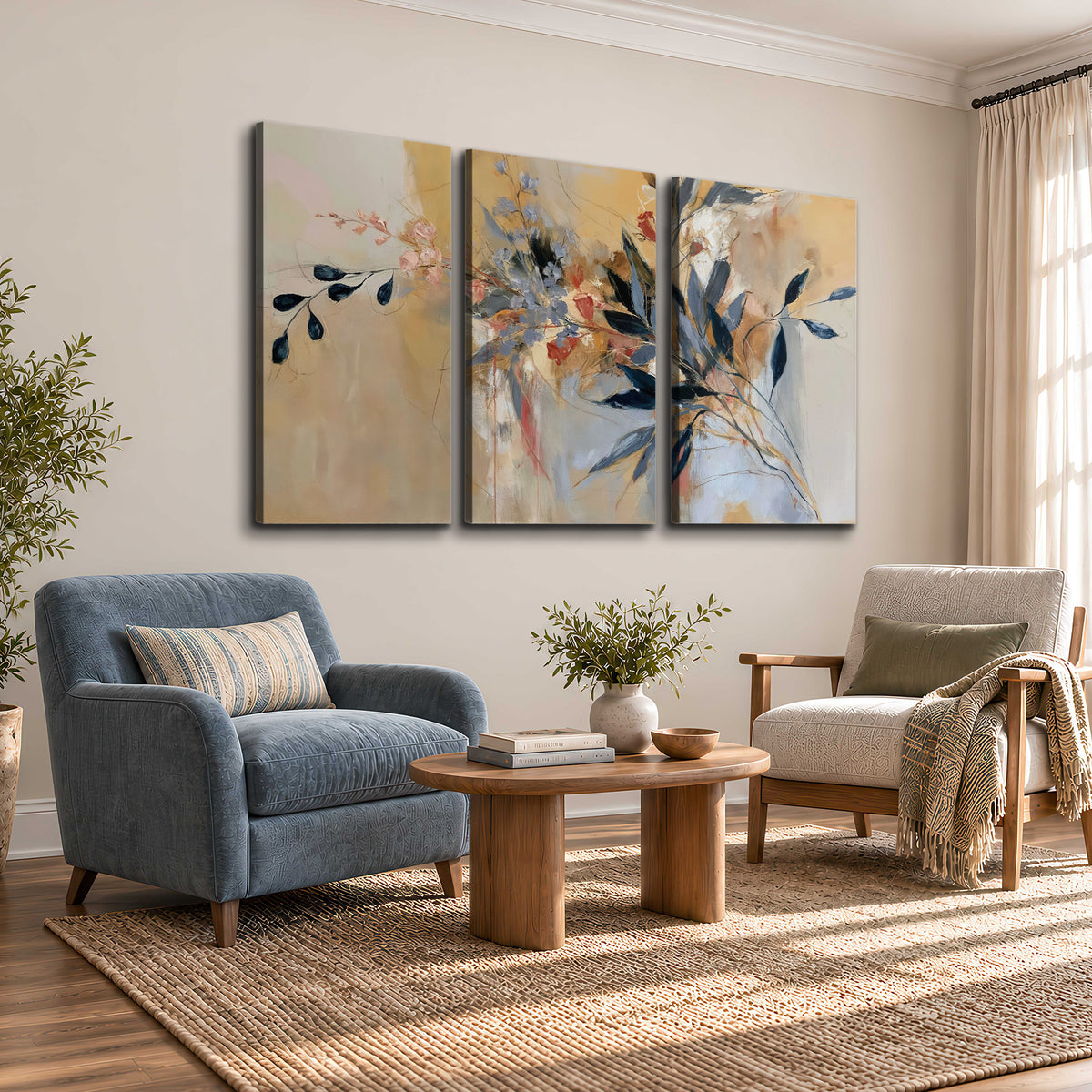 Loose dark blue leaves and pale blossoms on a warm beige painterly background 3 piece canvas wall art styled in an interior