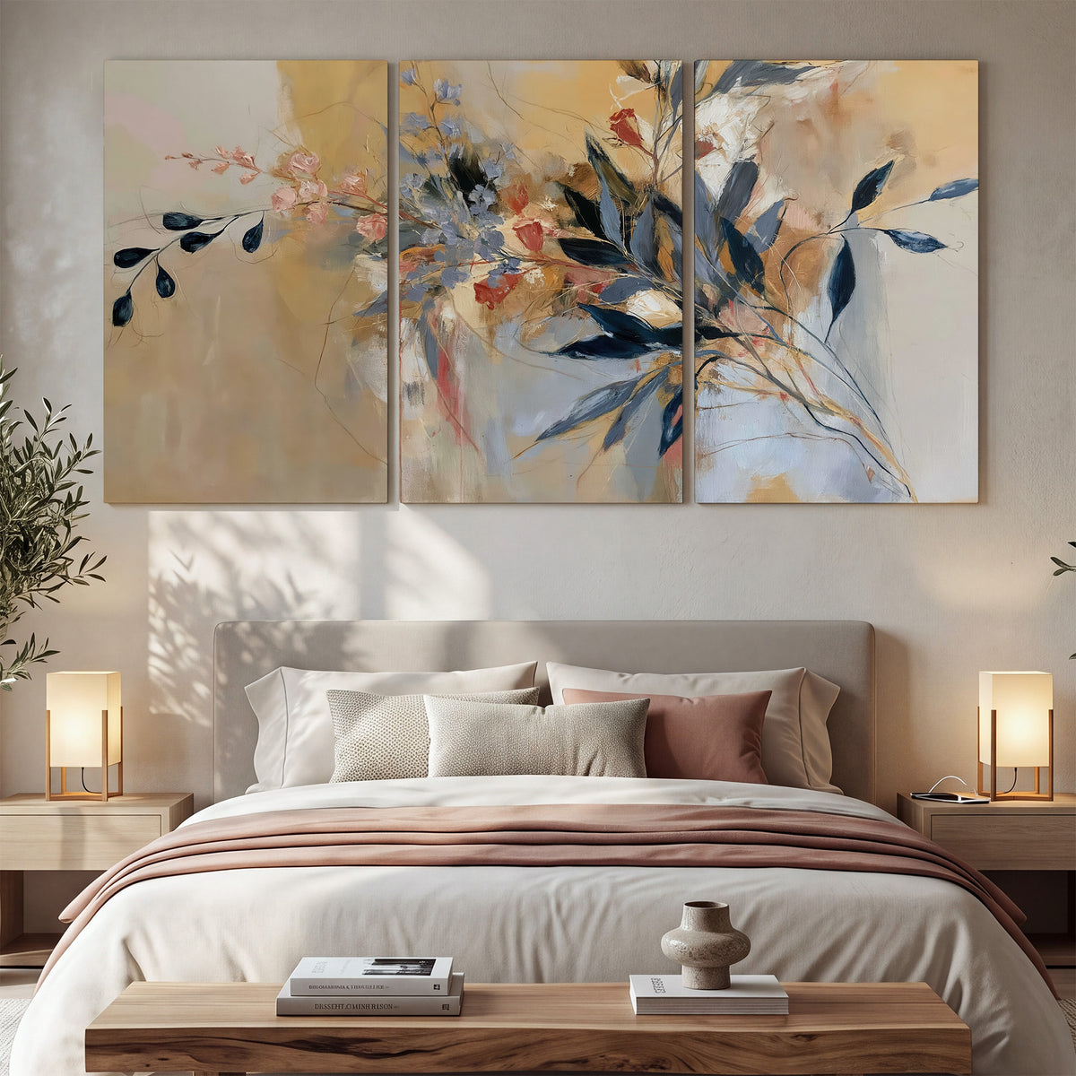 Loose dark blue leaves and pale blossoms on a warm beige painterly background 3 piece canvas wall art displayed in a bedroom