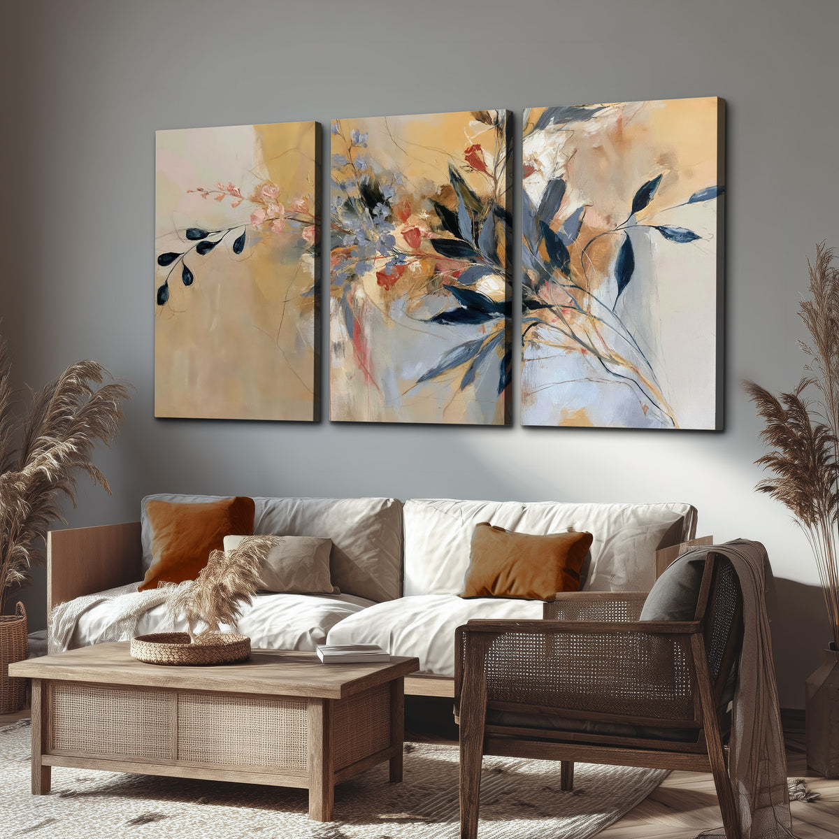 Loose dark blue leaves and pale blossoms on a warm beige painterly background 3 piece canvas wall art displayed in a rustic living room