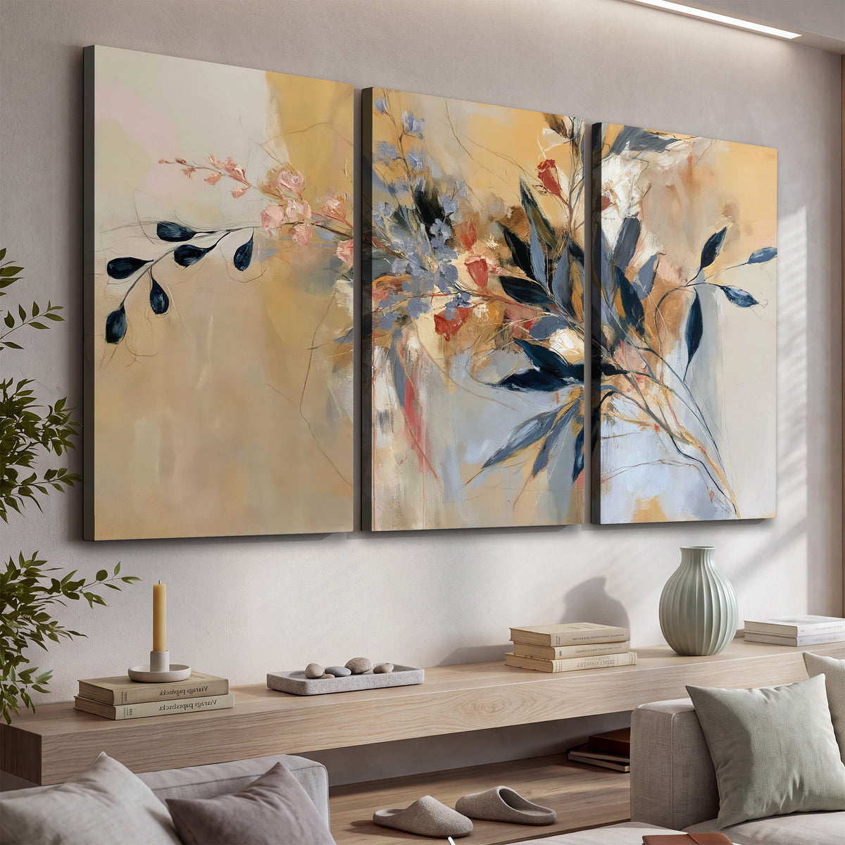Loose dark blue leaves and pale blossoms on a warm beige painterly background 3 piece canvas wall art displayed in a console