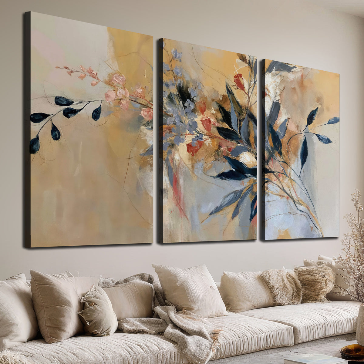 Loose dark blue leaves and pale blossoms on a warm beige painterly background 3 piece canvas wall art room and product view