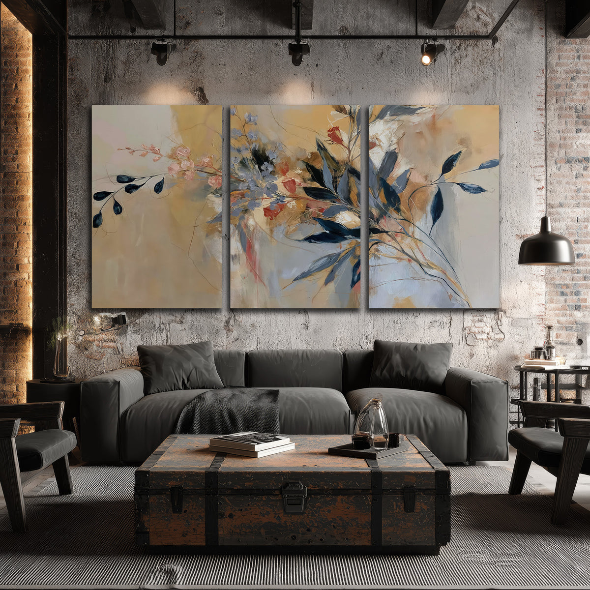 Loose dark blue leaves and pale blossoms on a warm beige painterly background 3 piece canvas wall art displayed in a industrial room