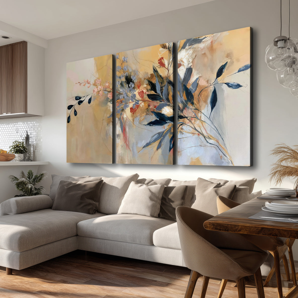 Loose dark blue leaves and pale blossoms on a warm beige painterly background 3 piece canvas wall art room and product view