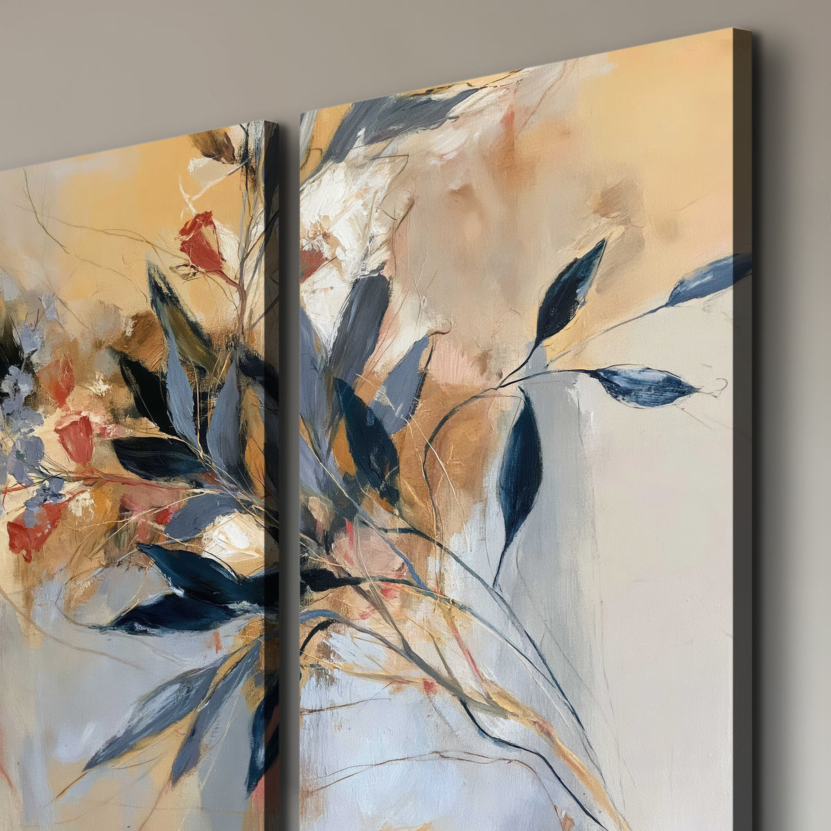 Loose dark blue leaves and pale blossoms on a warm beige painterly background 3 piece canvas wall art room and product view
