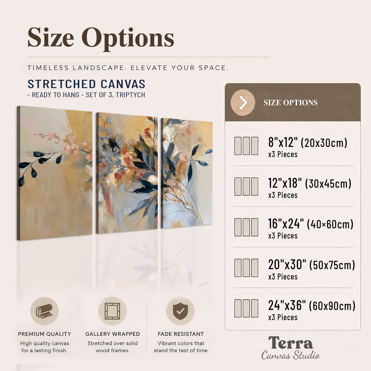 Loose dark blue leaves and pale blossoms on a warm beige painterly background 3 piece canvas wall art available dimensions; triptych dimensions are per panel