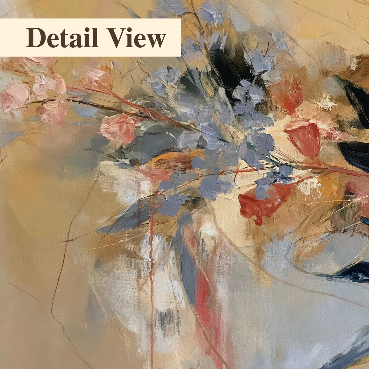 Loose dark blue leaves and pale blossoms on a warm beige painterly background 3 piece canvas wall art artwork detail close up