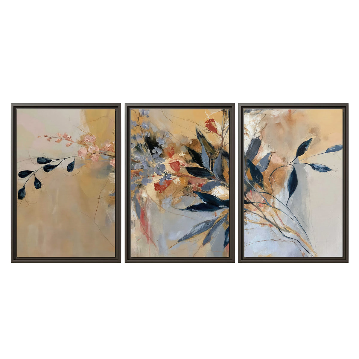Loose dark blue leaves and pale blossoms on a warm beige painterly background 3 piece framed canvas wall art viewed straight on