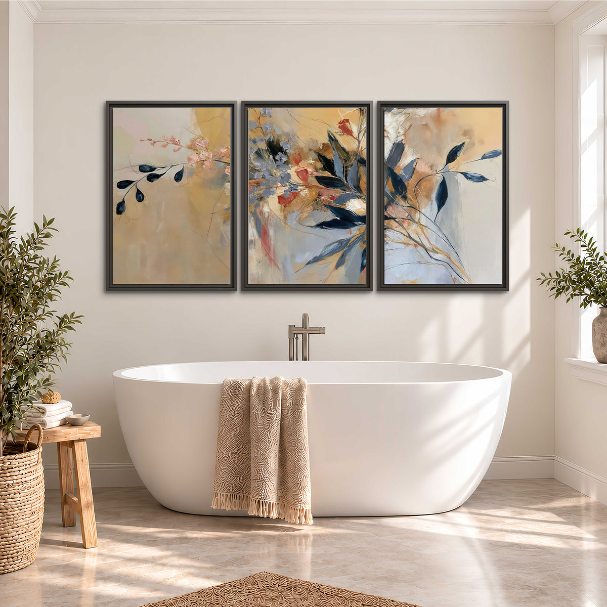 Loose dark blue leaves and pale blossoms on a warm beige painterly background 3 piece framed canvas wall art styled in an interior