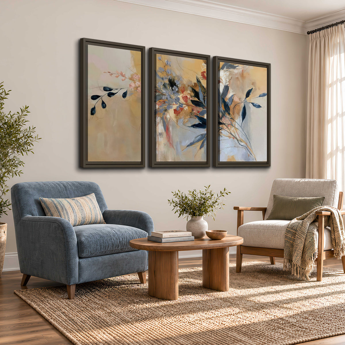 Loose dark blue leaves and pale blossoms on a warm beige painterly background 3 piece framed canvas wall art styled in an interior