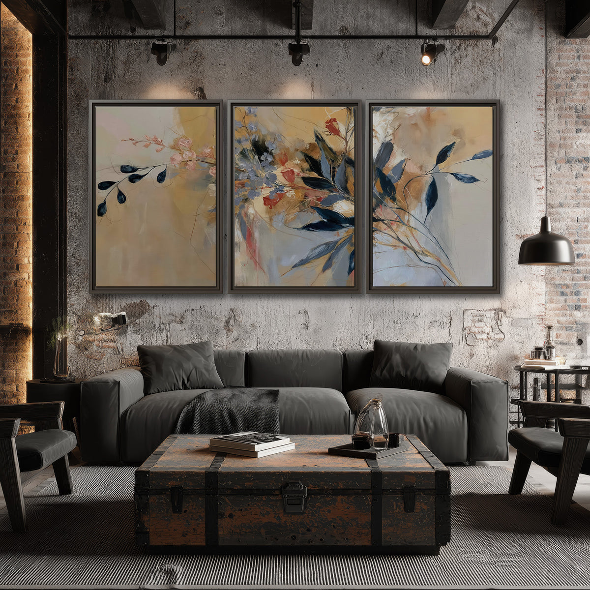 Loose dark blue leaves and pale blossoms on a warm beige painterly background 3 piece framed canvas wall art displayed in a industrial room
