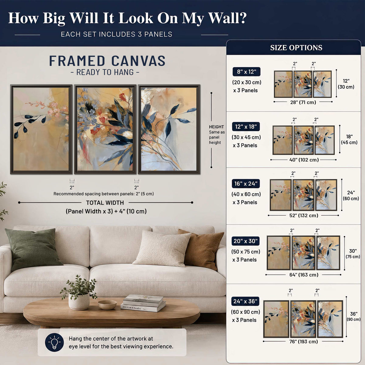 Loose dark blue leaves and pale blossoms on a warm beige painterly background 3 piece framed canvas wall art size guide above a sofa; room view is illustrative