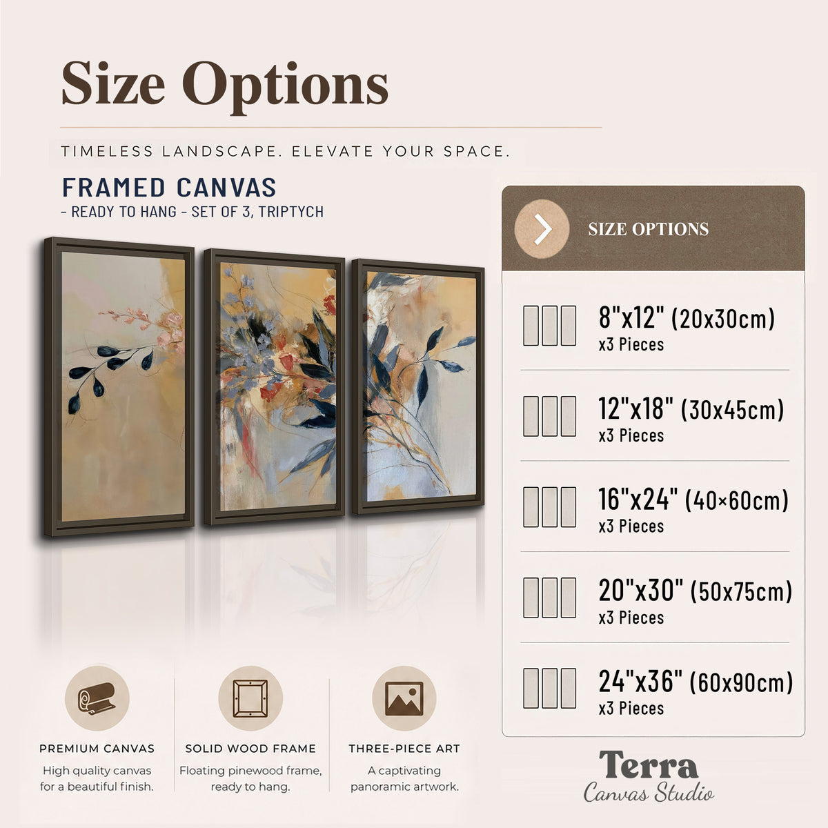 Loose dark blue leaves and pale blossoms on a warm beige painterly background 3 piece framed canvas wall art available dimensions; triptych dimensions are per panel