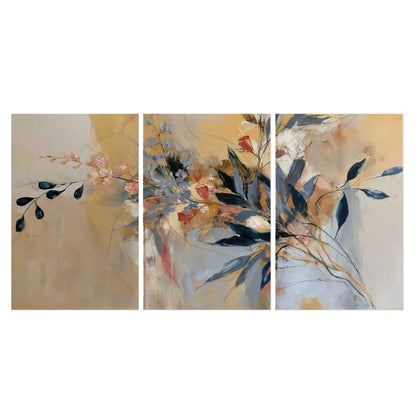Loose dark blue leaves and pale blossoms on a warm beige painterly background set of 3 poster prints viewed straight on