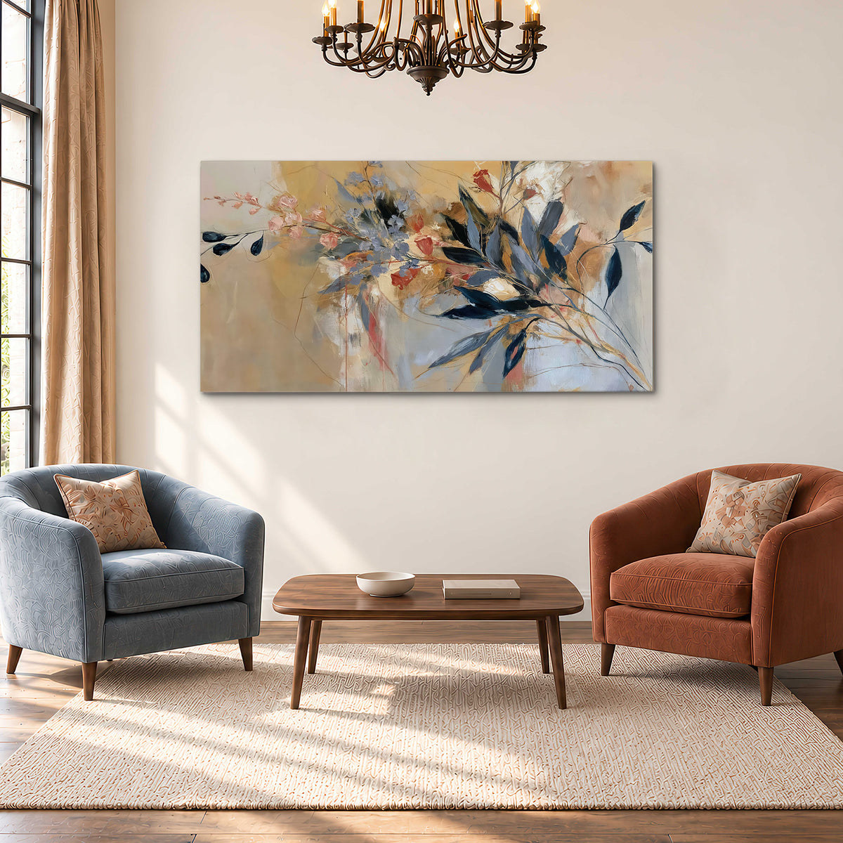 Loose dark blue leaves and pale blossoms on a warm beige painterly background single canvas wall art styled in an interior