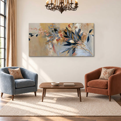 Loose dark blue leaves and pale blossoms on a warm beige painterly background single canvas wall art styled in an interior