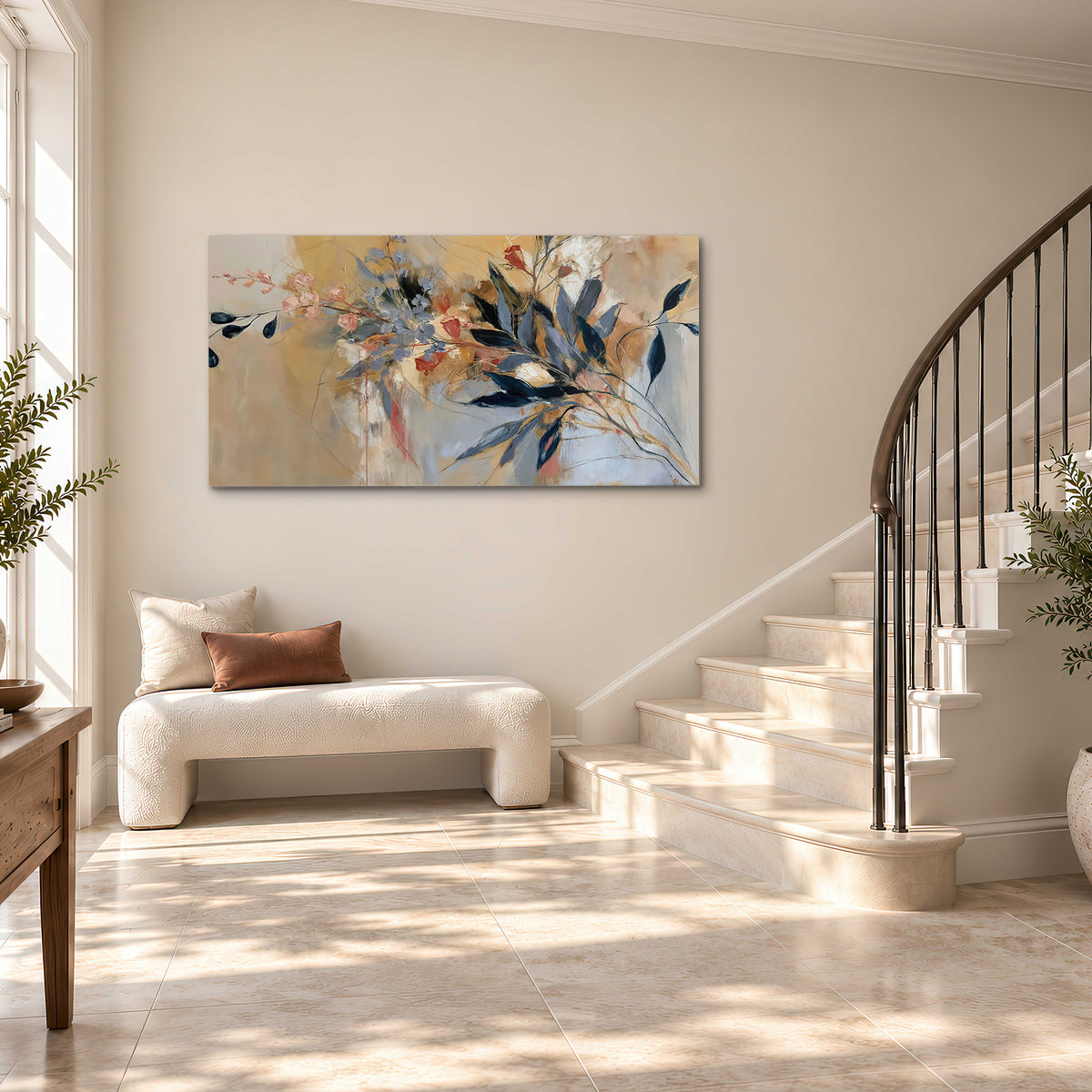 Loose dark blue leaves and pale blossoms on a warm beige painterly background single canvas wall art styled in an interior