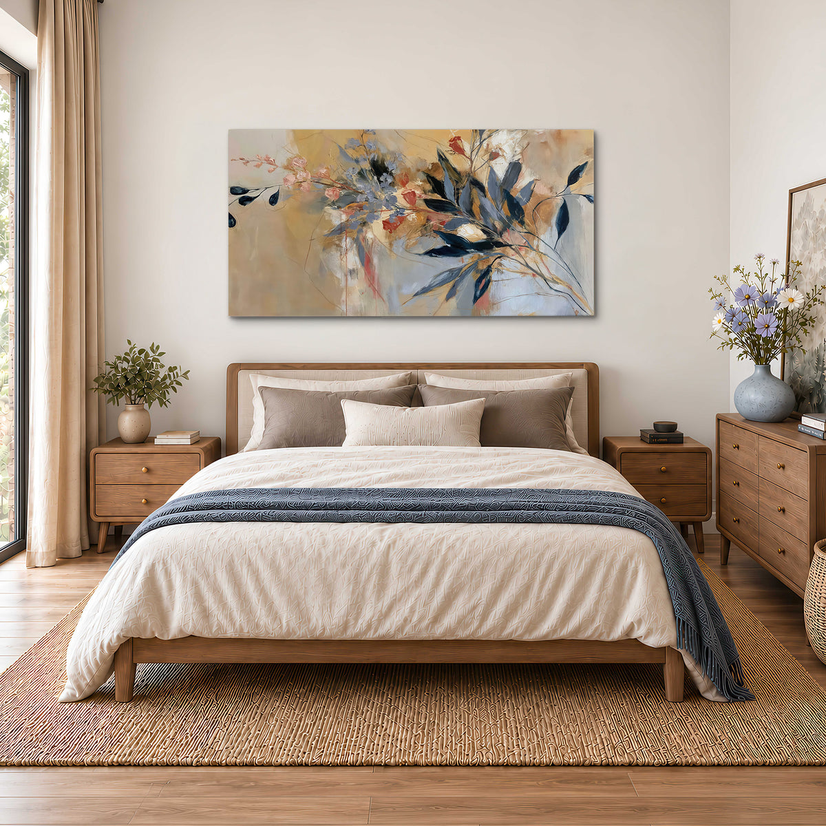 Loose dark blue leaves and pale blossoms on a warm beige painterly background single canvas wall art styled in an interior