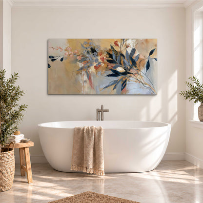 Loose dark blue leaves and pale blossoms on a warm beige painterly background single canvas wall art styled in an interior