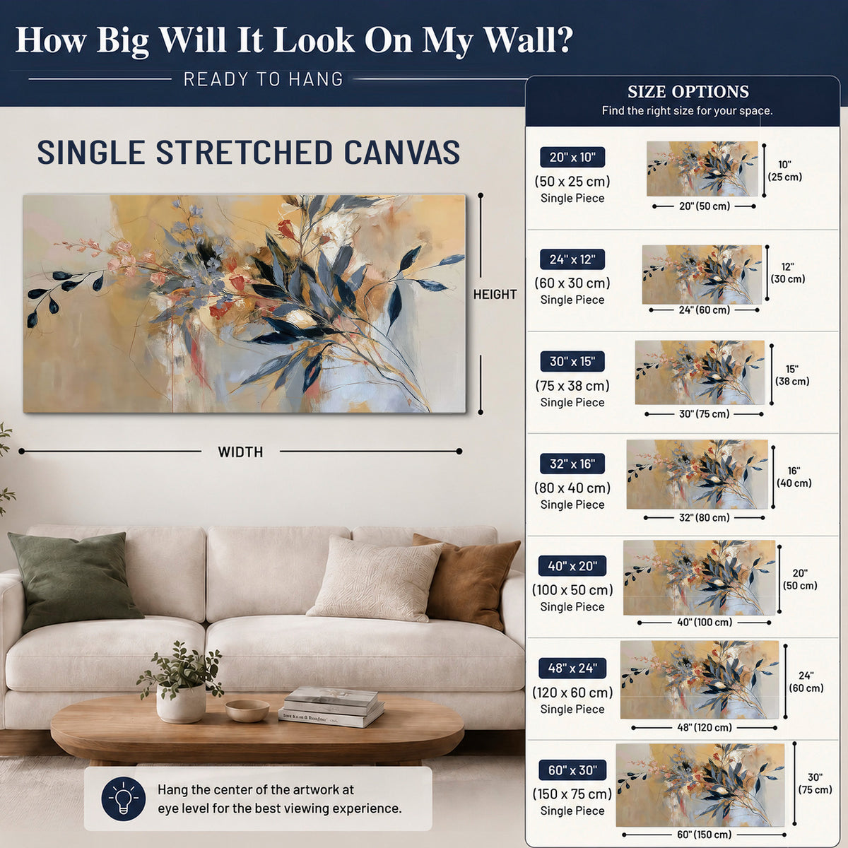 Loose dark blue leaves and pale blossoms on a warm beige painterly background single canvas wall art size guide above a sofa; room view is illustrative