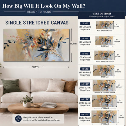 Loose dark blue leaves and pale blossoms on a warm beige painterly background single canvas wall art size guide above a sofa; room view is illustrative